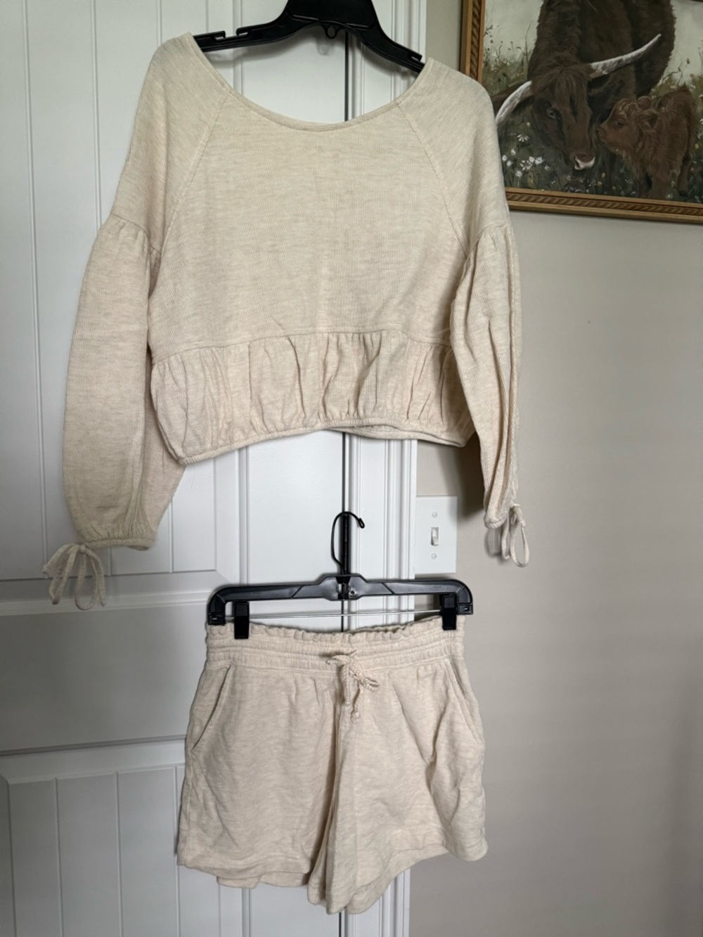 Aerie Women's Cream Knit Cropped Sweater and Shorts Set Lounge